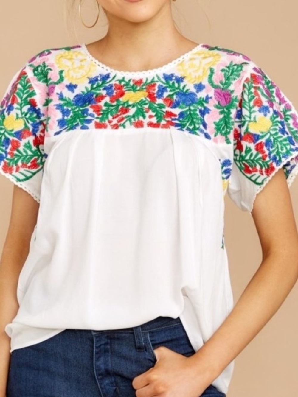 Buddy Love White Embroidered Floral Peasant Blouse